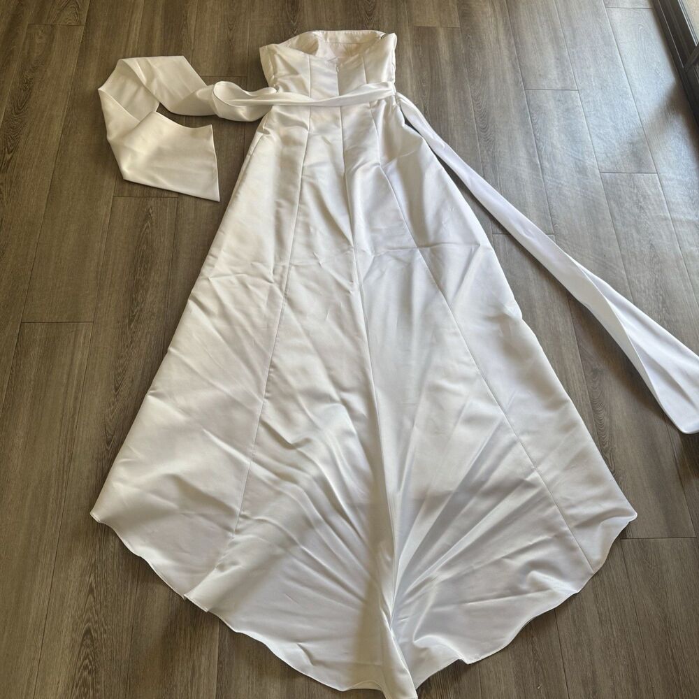 Bill Levkoff White Satin Strapless Wedding Gown Bridal Dress Bow Train Size 6 - Picture 13 of 16